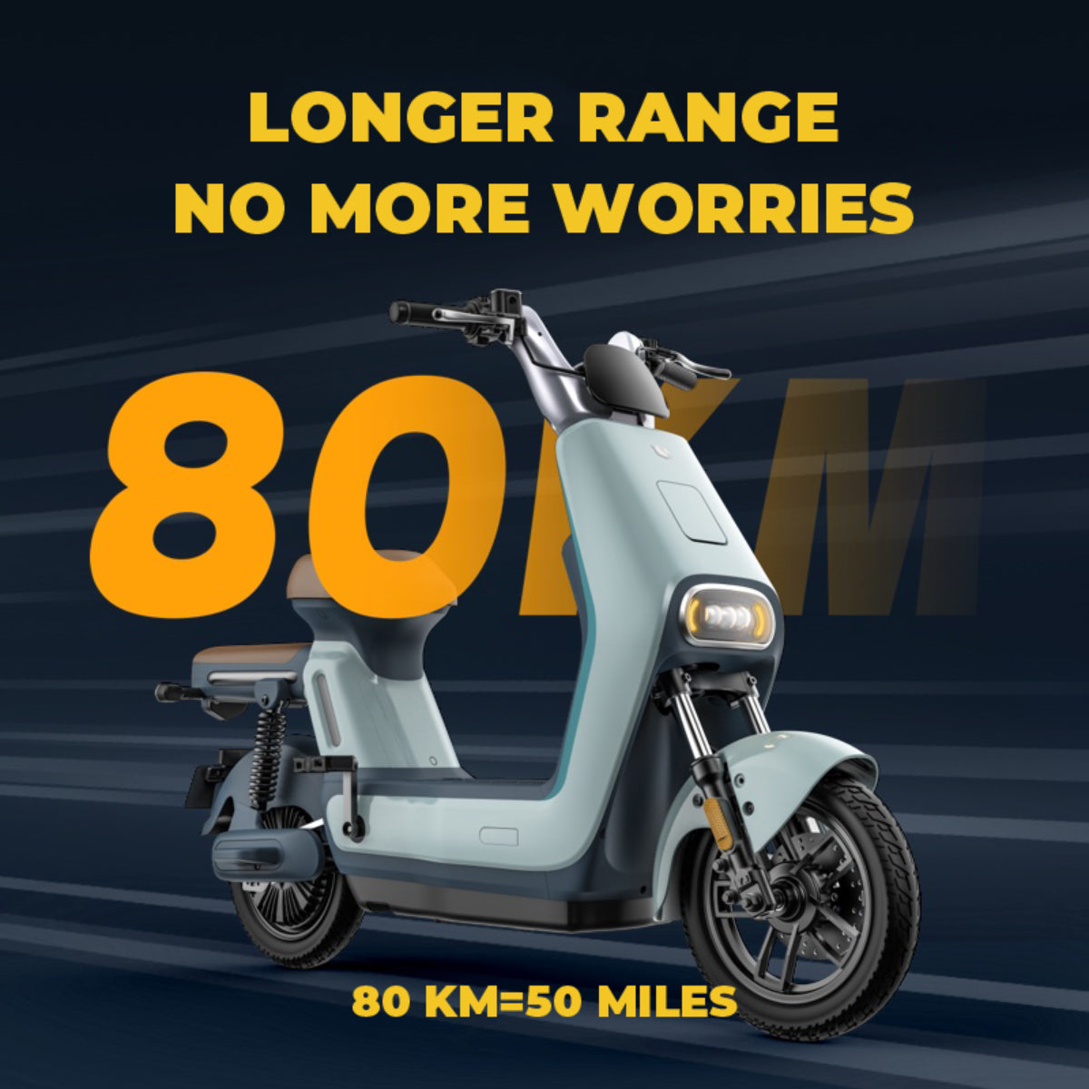 Liva Electric Scooter – Longer Range, No More Worries – 80KM (50 Miles) Range Highlight