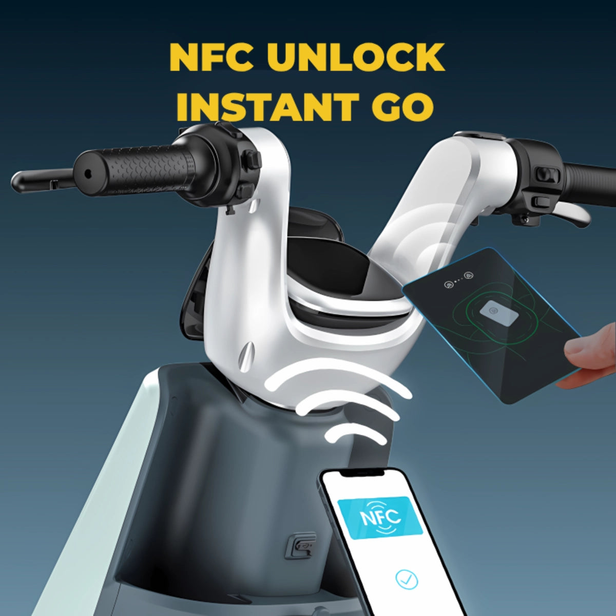 Liva Electric Scooter – NFC Unlock Feature for Instant Go – Handheld NFC Card and Phone Close-up