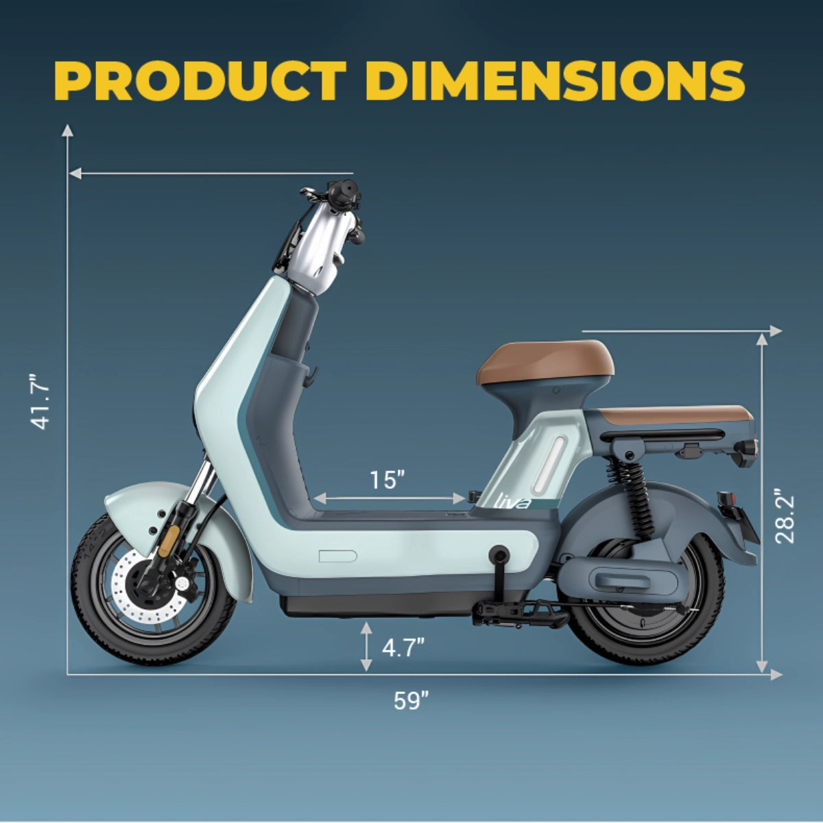 Liva Electric Scooter – Product Dimensions – Side View with Measurement Labels (41.7" Height, 59" Length, 15" Width)