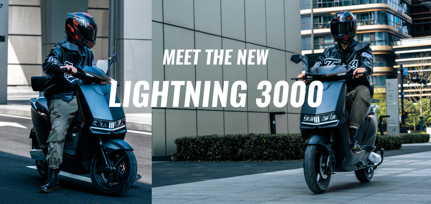 Two riders on the Lightning 3000 electric scooters, dressed in urban riding gear, showcasing the bold new model in a city environment – text overlay reads "Meet the New LIGHTNING 3000".