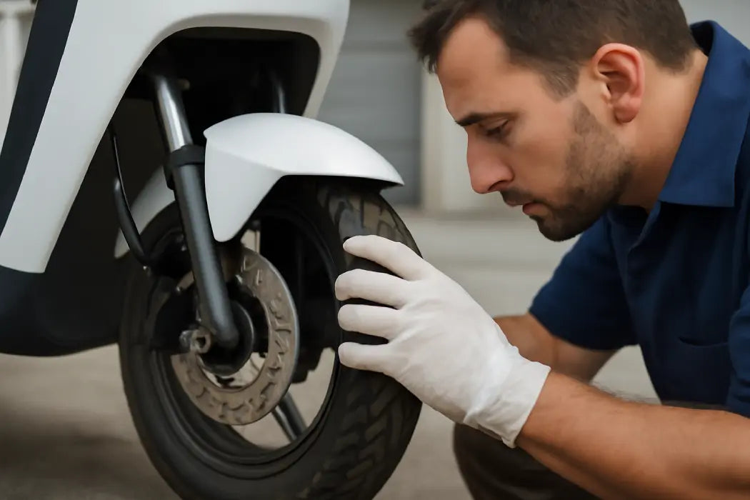 Technician performing electric moped maintenance check