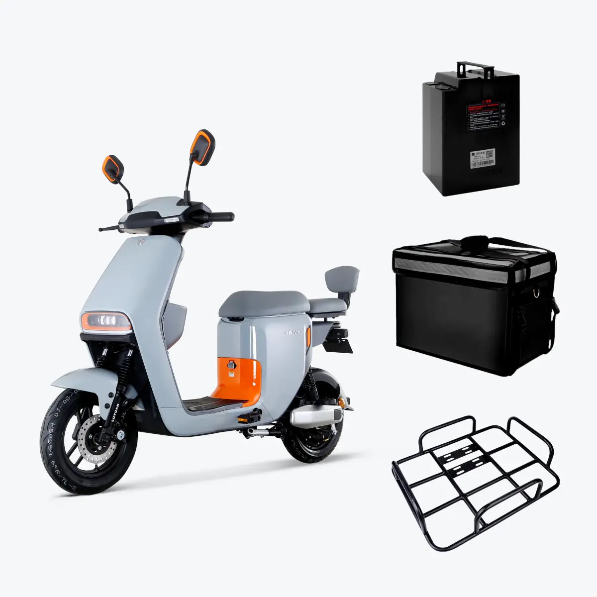 A set of images showcasing a Class 2 electric bike in gray and orange with additional accessories including a black battery pack, a black rack, and a black takeaway bag.