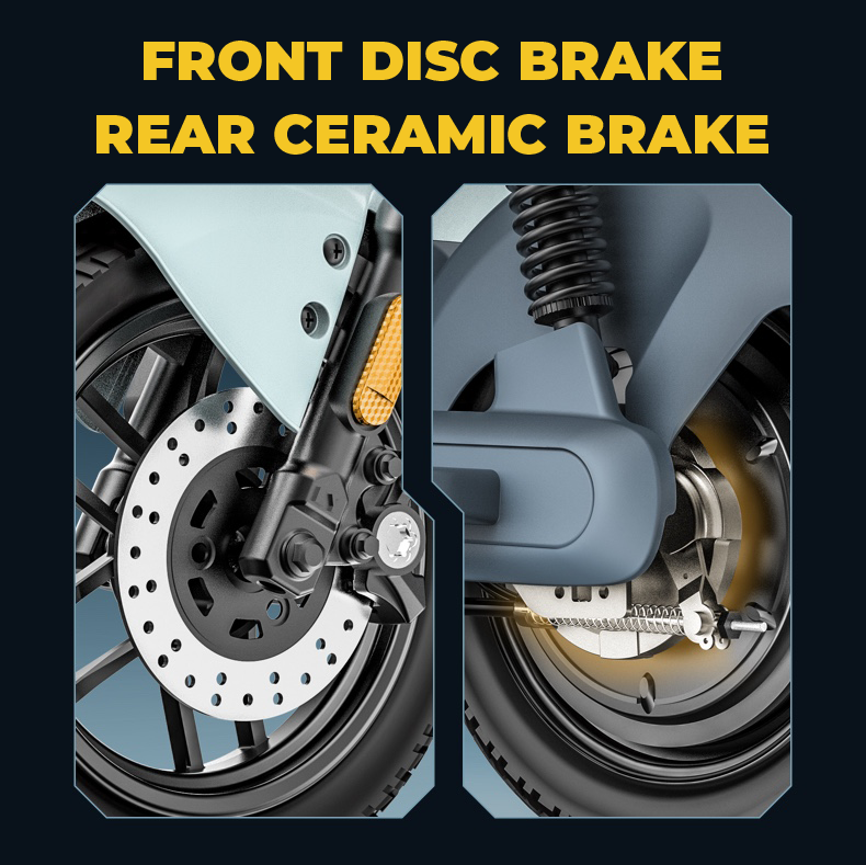Liva Electric Scooter – Front Disc Brake and Rear Ceramic Brake Close-up