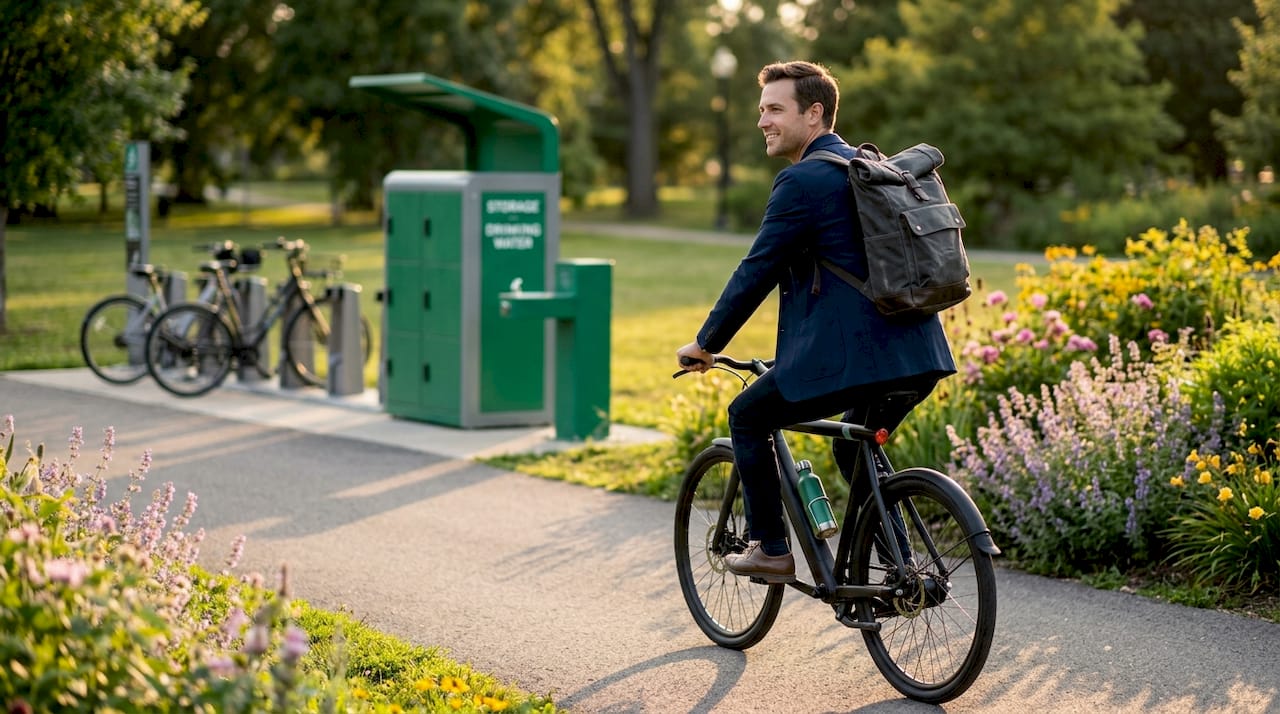 Urban commuter riding e-bike in morning city street