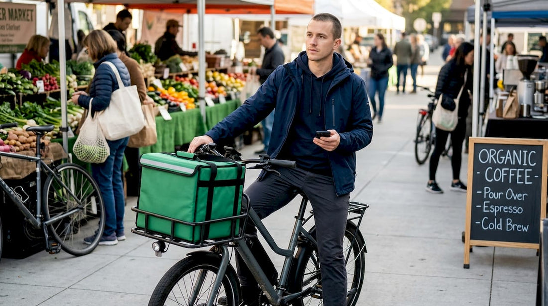 Delivery rider with e-bike outside urban café