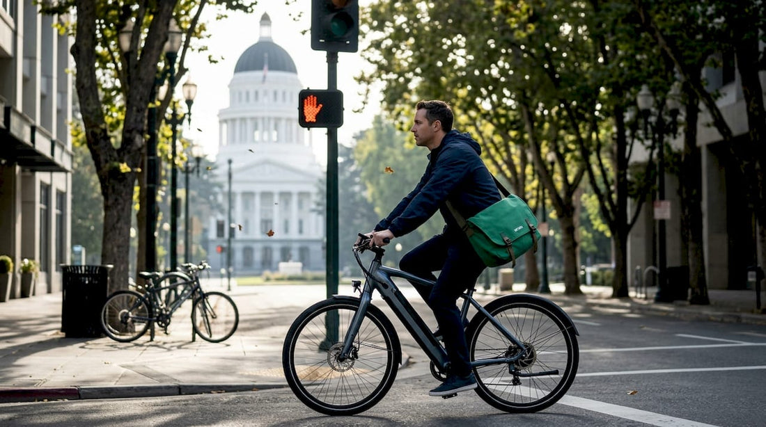 Urban commuter riding electric bicycle in California