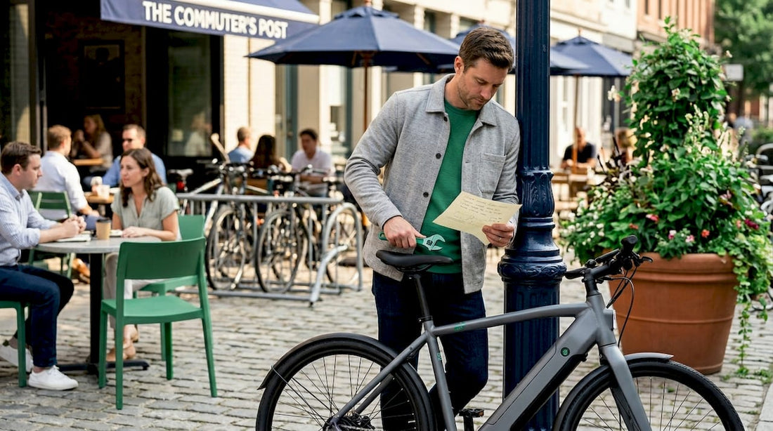 Adult commuter adjusting e-bike saddle on city sidewalk