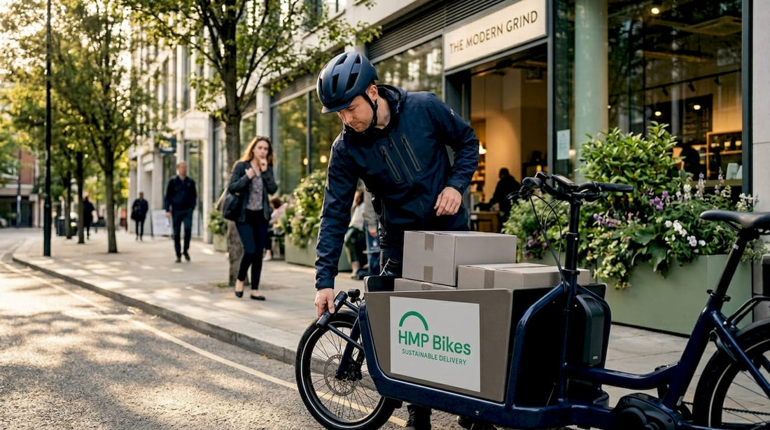 Courier unlocking e-bike for city delivery