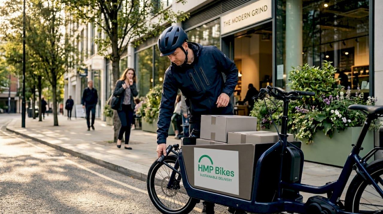 Courier unlocking e-bike for city delivery