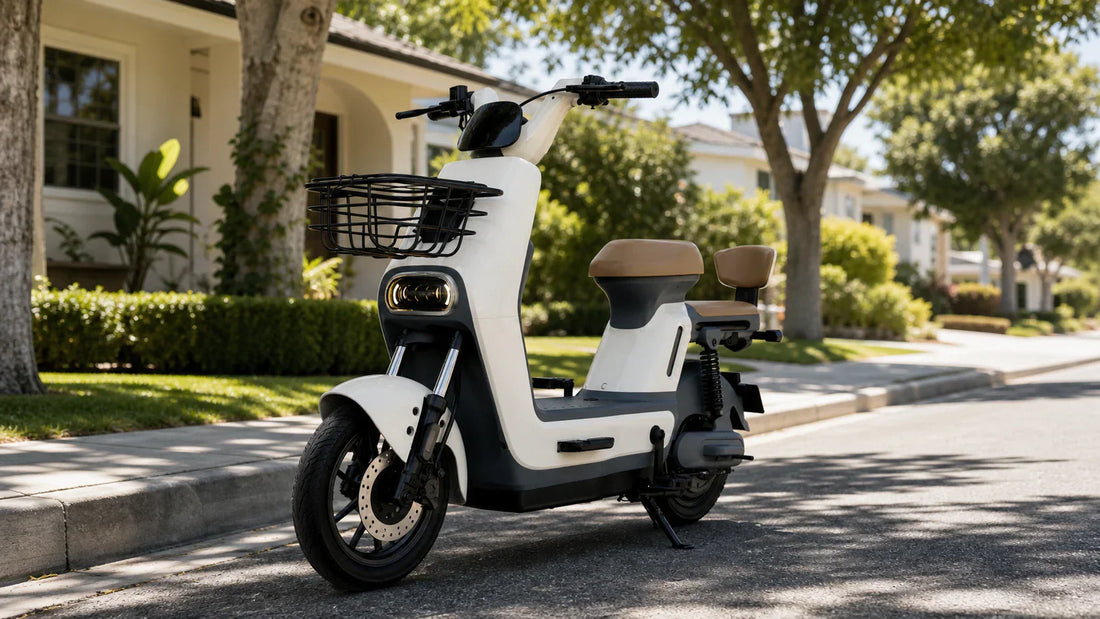 Class 2 e-bike parked on a quiet residential street