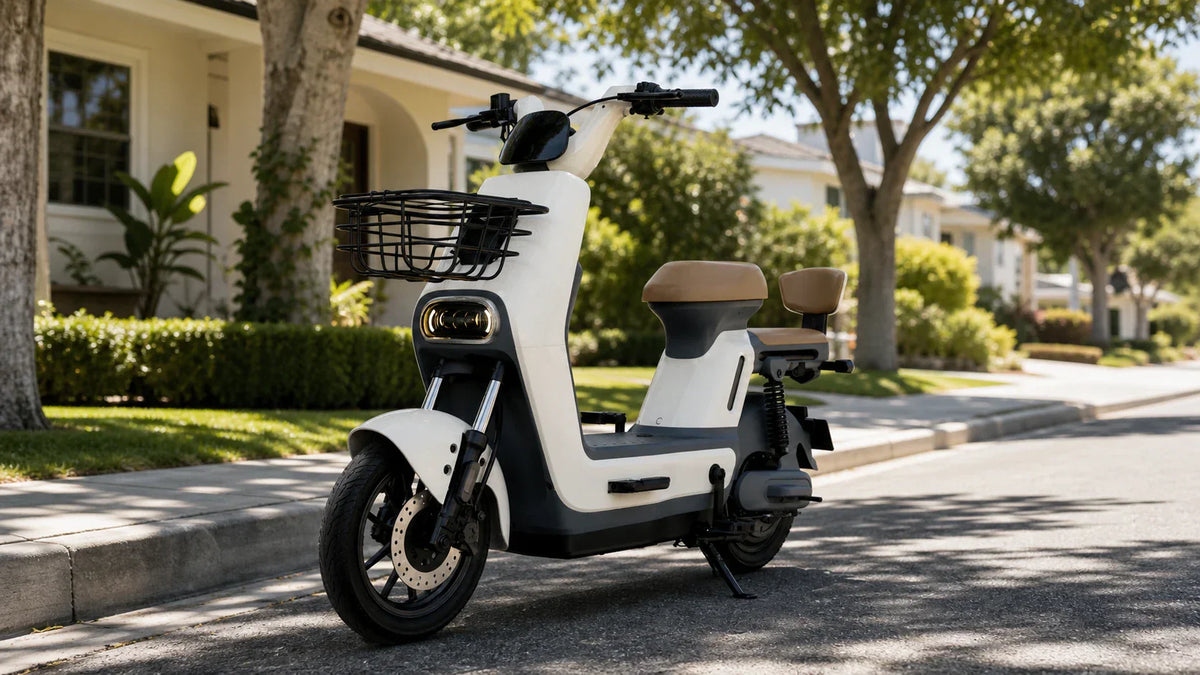 Class 2 e-bike parked on a quiet residential street