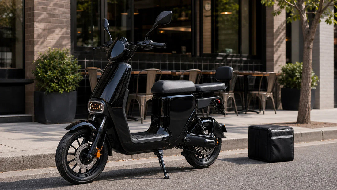 Black HMP-style e-bike with delivery bag parked outside a restaurant
