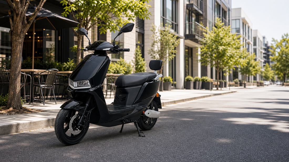 Black HMP-style electric moped parked on a city street for commuting