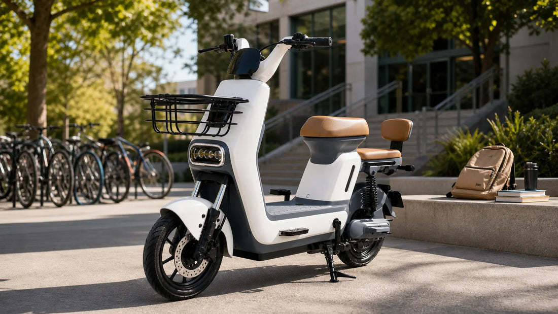 Moped-style electric bike parked near a college campus walkway
