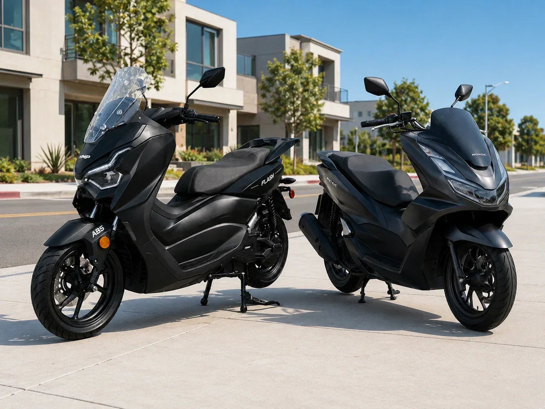 HMP FLASH electric motorcycle compared with the Honda PCX 160 commuter scooter