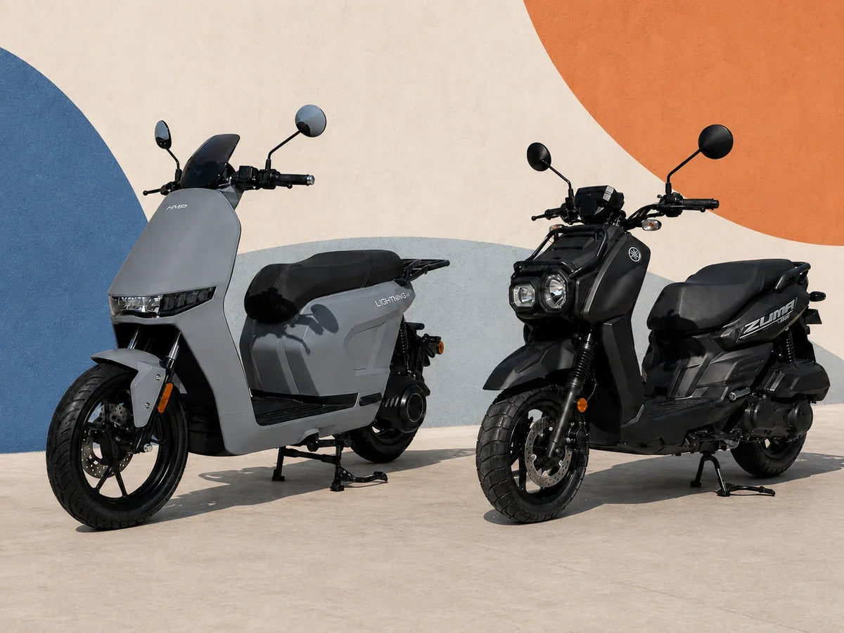 HMP Lightning MK.II electric motorcycle compared with the Yamaha Zuma 125 scooter