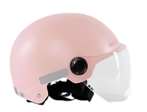 A pink helmet with a clear visor attached to it.