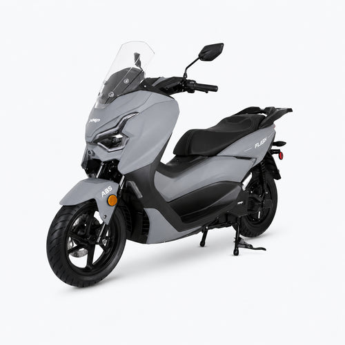 Gray FLASH electric motorcycle front three-quarter view with LED headlight
