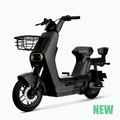 A black LIVA 7 moped style Class 2 electric bike with a front basket, displayed with a 'NEW' tag.