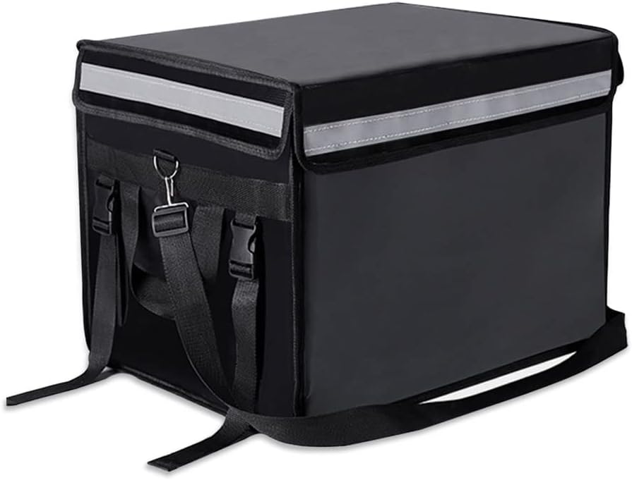 Black insulated food delivery backpack with a reflective strip, featuring a handle and a detachable bottom plate.