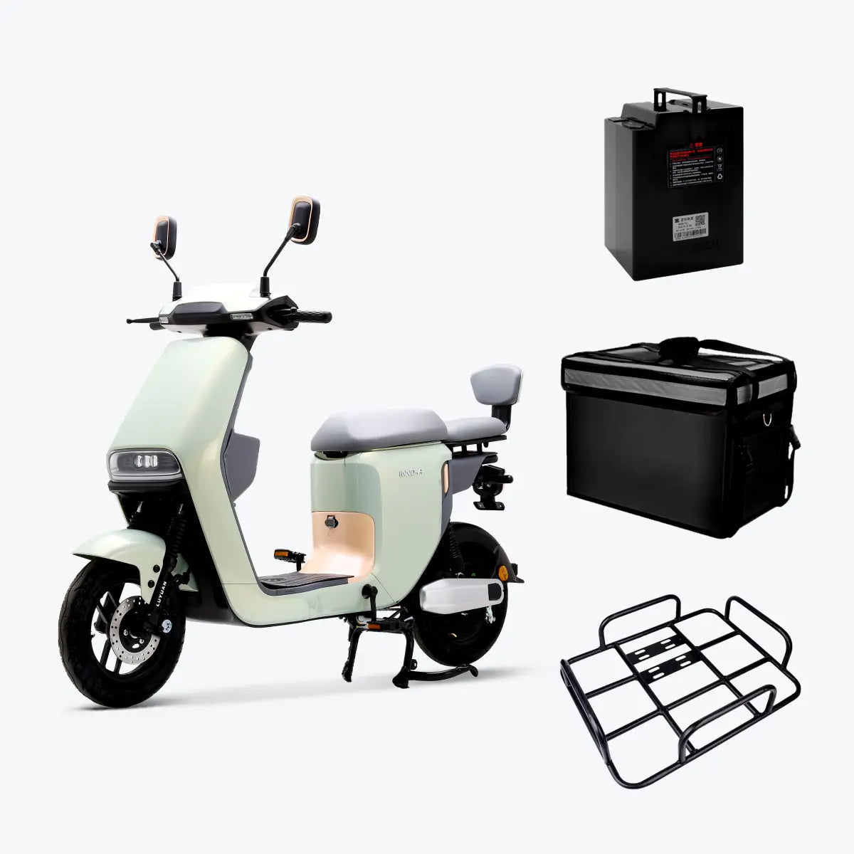 Delivery Moped style Class 2 E-bike Combo | INNO Class 2 Electric Bike + One Additional Battery + Rack + Takeaway Bag