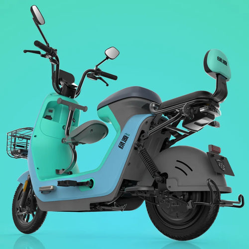 Baby Seat Mounted on LIVA Electric Moped – Full Vehicle View