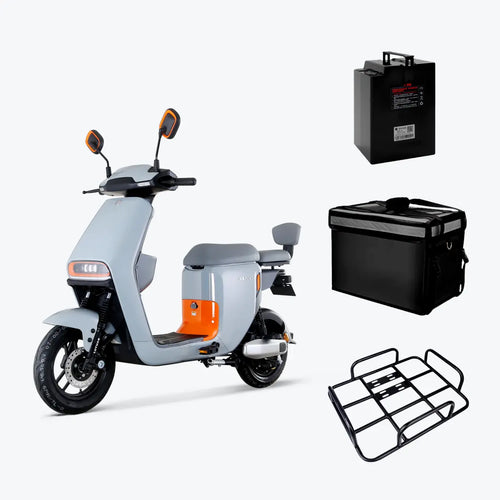 A set of images showcasing a Class 2 electric bike in gray and orange with additional accessories including a black battery pack, a black rack, and a black takeaway bag.