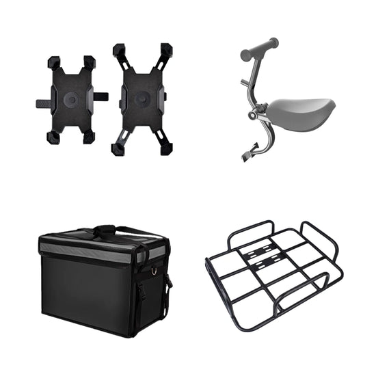 Electric scooter accessories including phone holders, rear child seat with footrests, insulated delivery bag, and metal cargo rack