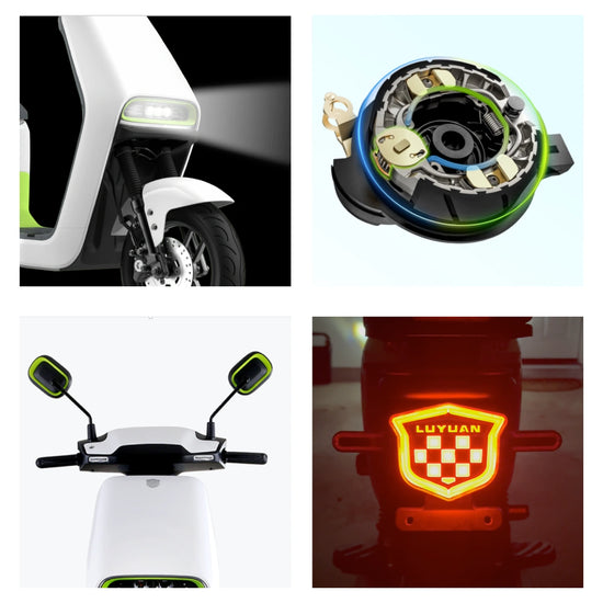 Electric scooter close-ups including LED headlight, motor coil, handlebar with mirrors, and LUYUAN illuminated tail light