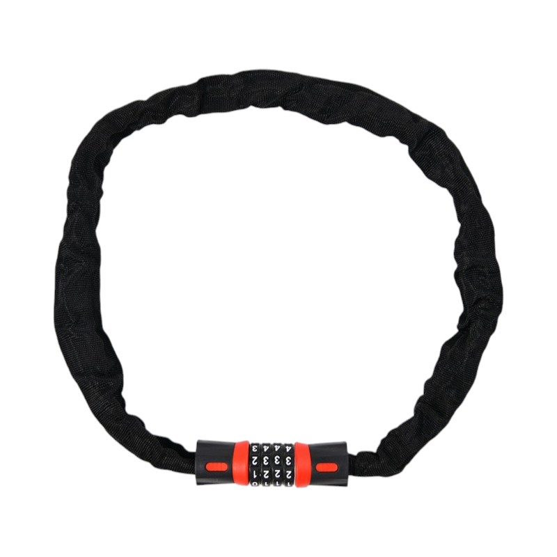 A black bicycle chain lock with a combination lock in the center.