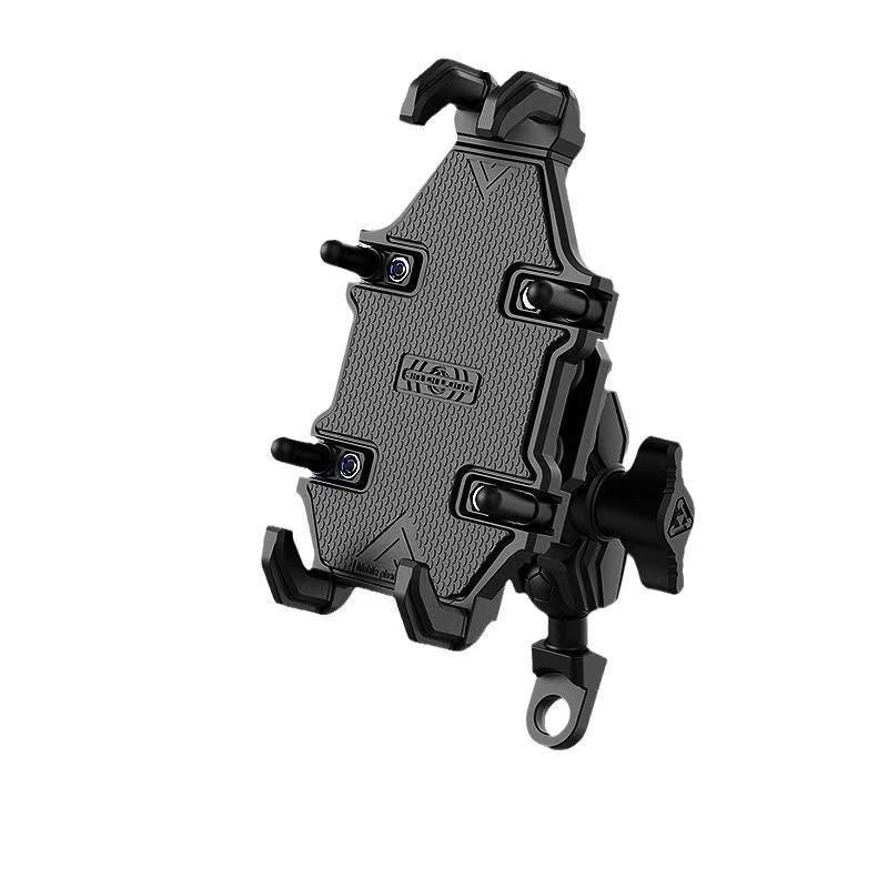 A black phone stand with a textured surface and adjustable holders.